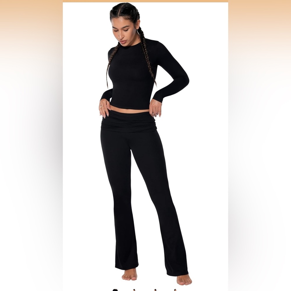 Women black two piece long sleeve top & fold over flare pants set brand new